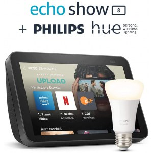 Echo Show 8 (2. Gen, versch. Farben) + Philips Hue White-Lampe (E27) um 79,99 € statt 131,13 €