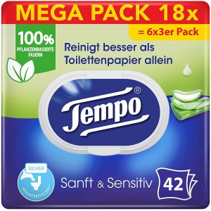18x Tempo “sanft&sensitiv” feuchtes Toilettenpapier (je 42 Blatt) um 14,43 € statt 31,50 €