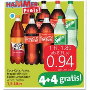 Coca Cola (versch. Sorten), Fanta (versch. Sorten), Sprite oder Mezzo Mix ab 0,94 €