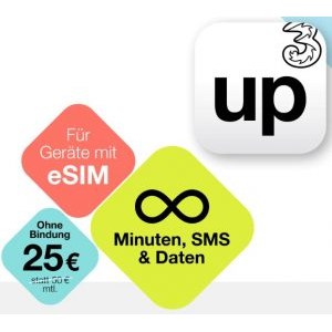 Drei – 3Up unlimitierter 5G e-Sim Tarif um 25 € statt 50 €