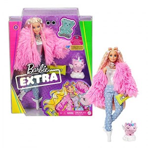 Barbie GRN28 – Extra Puppe, flauschiger pinker Mantel mit Einhorn-Schweinchen um 21,26 € statt 30,55 €