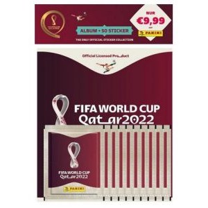 Panini FIFA World Cup 2022™ Starter Set mit 1 Sammelalbum und 10 Stickertüten um 7,99 € / Box mit 100 Tüten um 51,99 €
