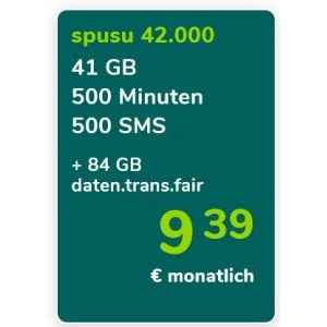 spusu “42000” Mobilfunktarif – 41GB + 500 SMS + 500 min um 9,39 € (für Neu- und Bestandskunden)