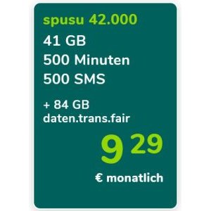 spusu “42000” Mobilfunktarif – 41GB + 500 SMS + 500 min um 9,29 € (für Neu- und Bestandskunden)