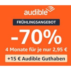 Audible Hörbuchabo – 4 Monate testen um 2,95 € / Monat + 15 € Audible-Guthaben (nur Neu- und ehemalige Kunden)