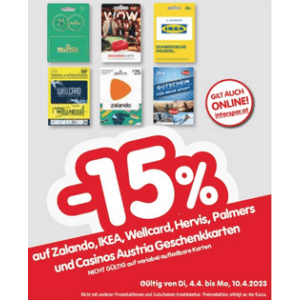 Interspar – 15% Rabatt auf Geschenkkarten von IKEA, Zalando, Casinos Austria, Hervis, Palmers und Wellcard (ab 04.04.)