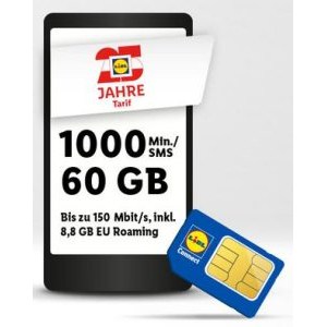 Lidl Connect Jubiläumstarif – 60GB + 1.000 SMS / Min um 9,50 € & 10 € Lidl-Gutschein