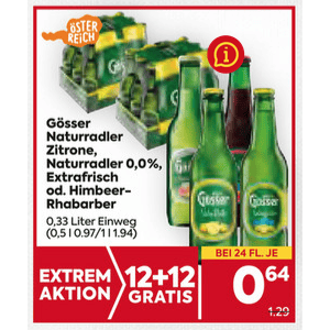 Gösser Radler Flasche um je 0,64 € statt 1,29 € ab 24 Stück bei Billa & Billa Plus