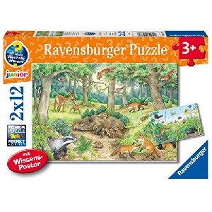 Ravensburger “Tiere im Wald und auf der Wiese” Puzzle (2×12 Teile) + Wissensposter, Wieso? Weshalb? Warum? um 7,13 € statt 11,19 €