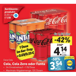 Coca Cola Dose um je 0,59 € statt 1,19 € ab 6 Stück mit Lidl Plus App