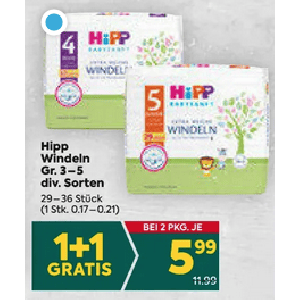 Hipp Windeln (Größe 3-5) um je 5,99 € statt 11,99 € ab 2 Stück (1+1) bei Billa Plus