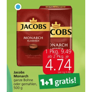 Jacobs Monarch Kaffee um je 4,74 € statt 9,49 € ab 2 Stück (1+1) bei Spar