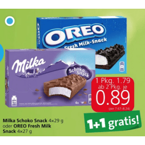 Milka Schoko Snack um je 0,89 € statt 1,79 € ab 4 Stück (1+1) bei Spar