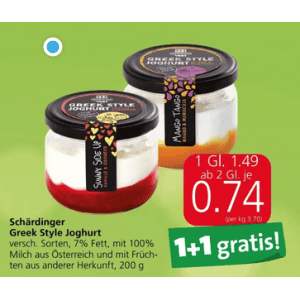 Schärdinger Greek Style Joghurt um je 0,74 € statt 1,49 € ab 2 Stück (1+1) bei Spar
