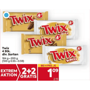 Twix 4er Packung um je 1,09 € statt 2,19 € ab 4 Stück (2+2) bei Billa