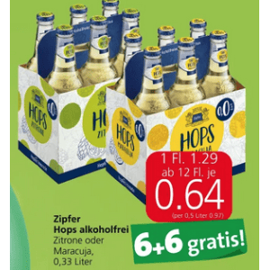 Zipfer Hops alkoholfrei um je 0,64 € statt 1,29 € ab 12 Stück bei Spar