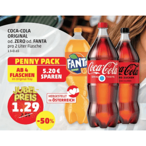 Coca Cola 2L Flasche um je 1,29 € statt 2,59 € ab 4 Stück bei Penny