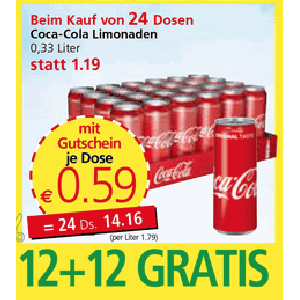 Coca Cola Dose um je 0,44 € statt 1,19 € ab 24 Stück bei Spar