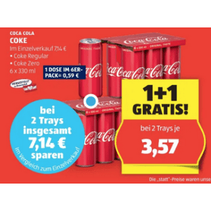 Coca Cola Dose um je 0,59 € statt 1,19 € ab 2 Trays (= 12 Stück) bei Hofer