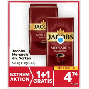 Jacobs Monarch Kaffee um je 4,74 € statt 9,49 € ab 2 Stück (1+1) bei Billa