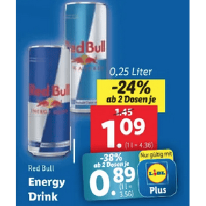 Lidl – Red Bull (div. Sorten ab 4 bzw. 24 Dosen) um 0,89 € statt 1,45 € mit Lidl Plus App