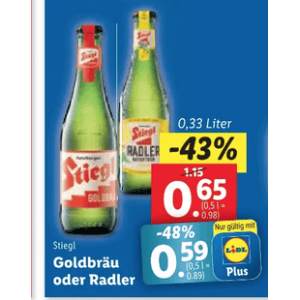 Stiegl Bier Flasche um je 0,59 € statt 1,15 € mit Lidl Plus App