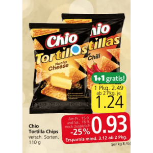 Chio Tortilla Chips (div. Sorten) um je 0,93 € statt 2,49 € ab 2 Stück (1+1) bei Spar