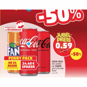 Coca Cola Dose um je 0,59 € statt 1,19 € ab 24 Stück bei Penny