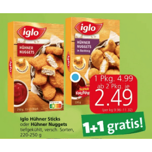 Iglo Hühner Nuggets / Sticks um je 1,87 € statt 4,99 € (1+1 Aktion) bei Spar