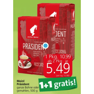 Julius Meinl Präsident Kaffee um je 5,49 € statt 10,99 € ab 2 Stück (1+1) bei Spar