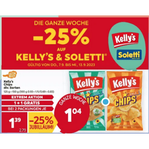 Kelly’s Chips (div. Sorten) um je 1,04 € statt 2,79 € ab 2 Stück (1+1) bei Billa