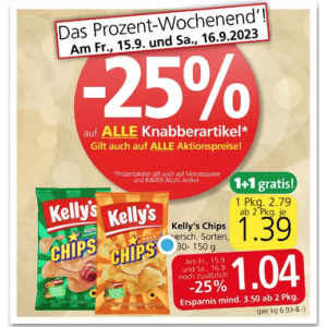 Kelly’s Chips (div. Sorten) um je 1,04 € statt 2,79 € ab 2 Stück (1+1) bei Spar