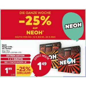 Neoh Riegel – 3 Stück Packung um je 1,49 € statt 3,99 € ab 2 Stück (1+1) bei Billa