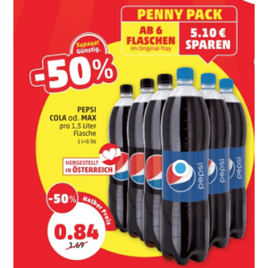 Pepsi Cola oder Pepsi Max 1,5L Flasche um je 0,84 € statt 1,69 € ab 6 Stück bei Penny