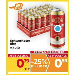 Schwechater Bier Dose um je 0,59 € statt 1,19 € ab 24 Stück bei Billa & Billa Plus