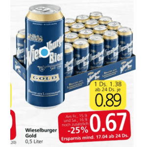 Wieselburger Dose um je 0,67 € statt 1,38 € ab 24 Stück bei Spar