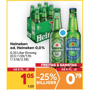 Heineken 0,33 Liter Flasche um je 0,79 € statt 1,59 € ab 6 Stück bei Billa