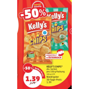 Kelly’s Chips 150g Packung um 1,39 € statt 2,79 € bei Penny