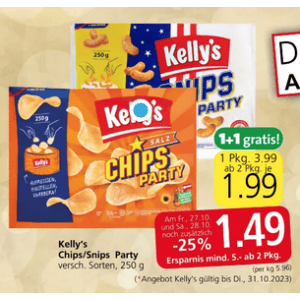 Kelly’s Chips Party um je 1,49 € statt 3,99 € ab 2 Stück (1+1) bei Spar