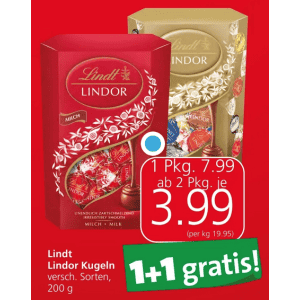 Lindt Lindor Kugeln 200g um je 3,99 € statt 7,99 € (1+1 Aktion) bei Spar