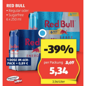 Red Bull Dose um je 0,89 € statt 1,45 € ab 6 Stück bei Hofer