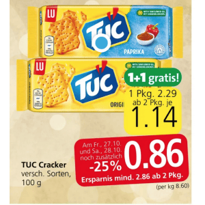 TUC Cracker um je 0,86 € statt 2,29 € ab 2 Stück (1+1) bei Spar