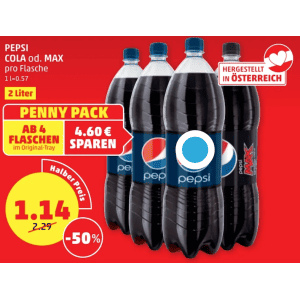 Pepsi Cola oder Pepsi Max 2L Flasche um je 1,14 € statt 2,29 € ab 4 Stück bei Penny