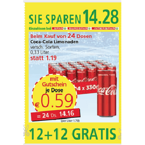 Coca Cola Dose um je 0,59 € statt 1,19 € ab 24 Stück bei Spar