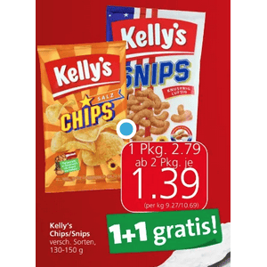 Kelly’s Chips (div. Sorten) um je 1,39 € statt 2,79 € ab 2 Stück (1+1) bei Spar