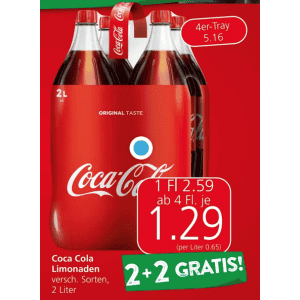 Coca Cola 2L Flasche um je 1,29 € statt 2,59 € ab 4 Stück bei Spar
