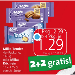 Milka Tender oder Küchlein um je 1,29 € statt 2,59 € ab 4 Stück (2+2) bei Spar