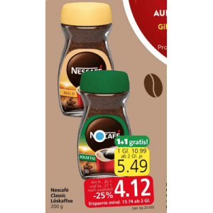 Nescafe Classic Löskaffee um je 4,12 € statt 10,99 € ab 2 Stück (1+1) bei Spar