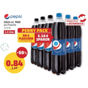 Pepsi Cola oder Pepsi Max 1,5L Flasche um je 0,84 € statt 1,69 € ab 6 Stück bei Penny