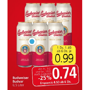 Budweiser Budvar Dose um je 0,74 € statt 1,49 € ab 6 Stück bei Spar